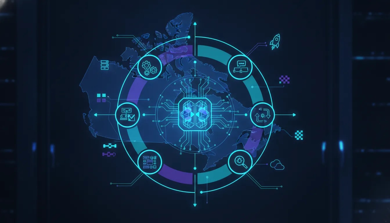 Illustration of an AI-driven coding workflow loop across Canada with interconnected cloud, automation, and modular development nodes, showing scalable scalable agent-based processes without any text.