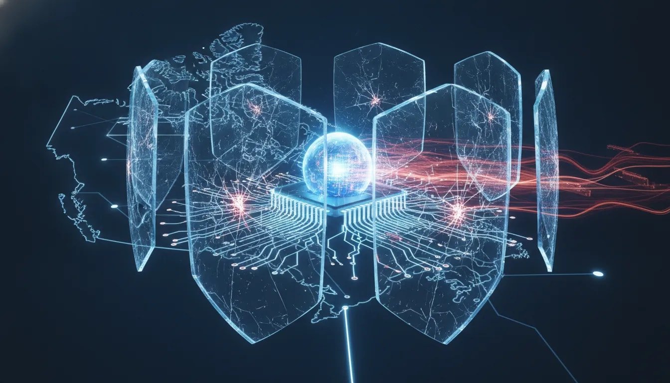 Futuristic Canadian tech illustration showing an AI core with cracked security shields and red warning light symbolizing jailbreak risk and governance challenges, with no text.