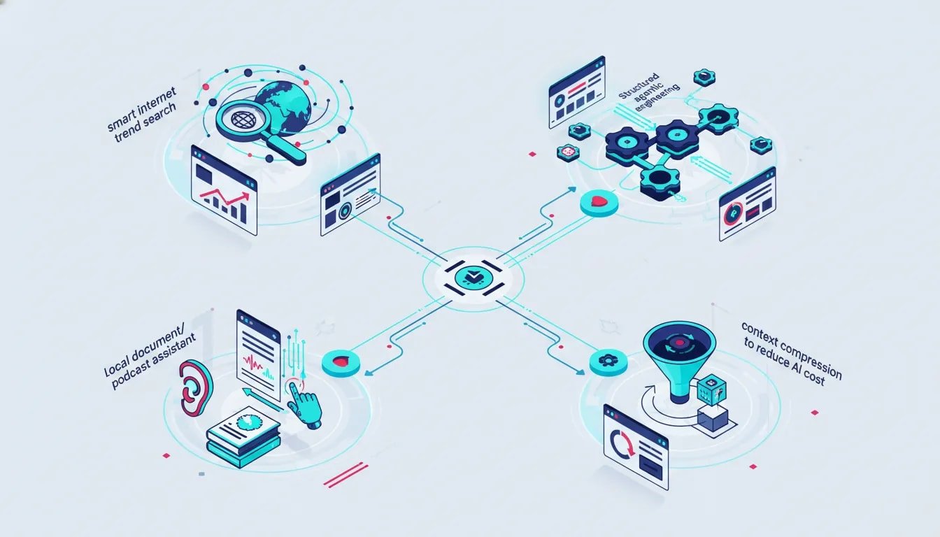Wordless illustration showing four interconnected open source AI workflow concepts for Canadian tech: trend search, local document and podcast analysis, structured agentic engineering, and context compression to reduce AI costs.