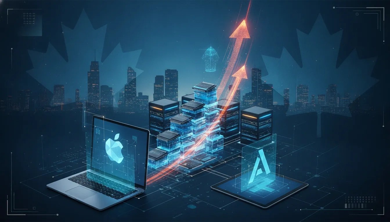 Editorial illustration showing an AI memory crunch with a rising memory-chip hologram above Canadian tech devices and data center infrastructure