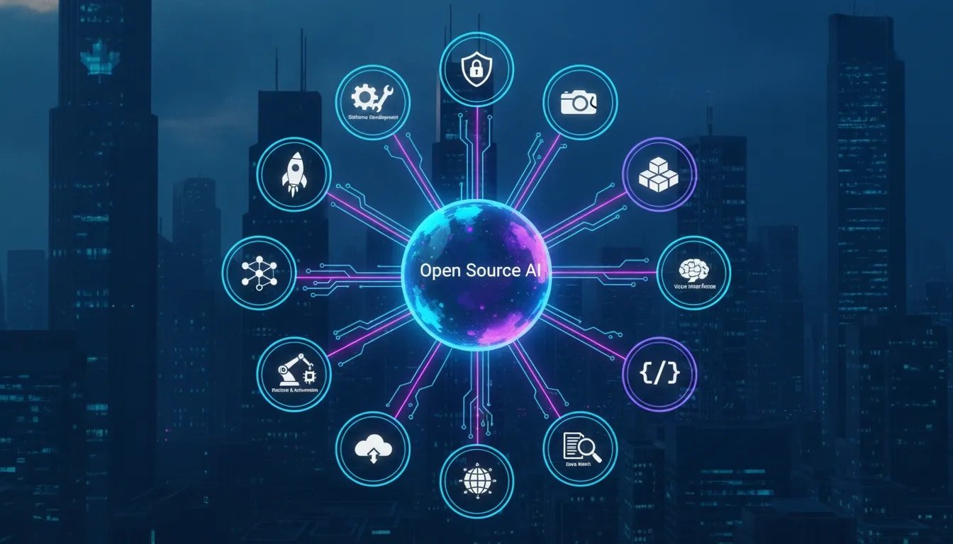 Neon infographic-style illustration of a Canadian tech skyline with a central AI core and 12 glowing interconnected project nodes representing open source categories like development, security, video, voice, code intelligence, and document understanding—no text.