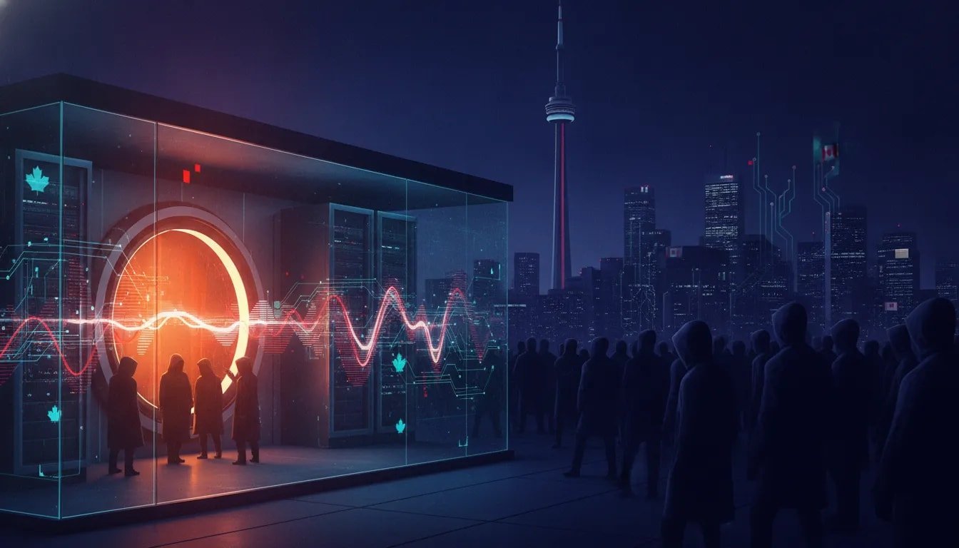 Cinematic Canadian tech scene showing restricted early access to an advanced AI model through glowing holographic barriers and a guarded data center, with a small illuminated group contrasted against a waiting crowd.