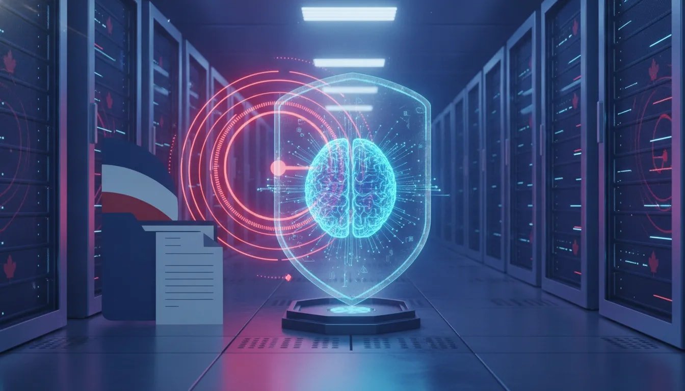Futuristic Canadian data center with a glowing AI network partially blocked by a translucent government-style barrier and a delay clock motif, symbolizing political control over an AI release