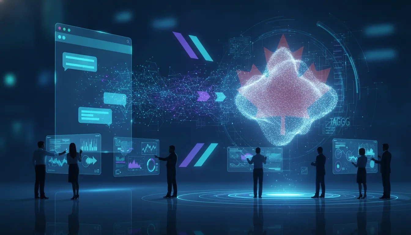 Futuristic illustration of organizational knowledge flowing into a persistent AI coworker within a modern Canadian tech environment, inspired by a Slack-style interaction.