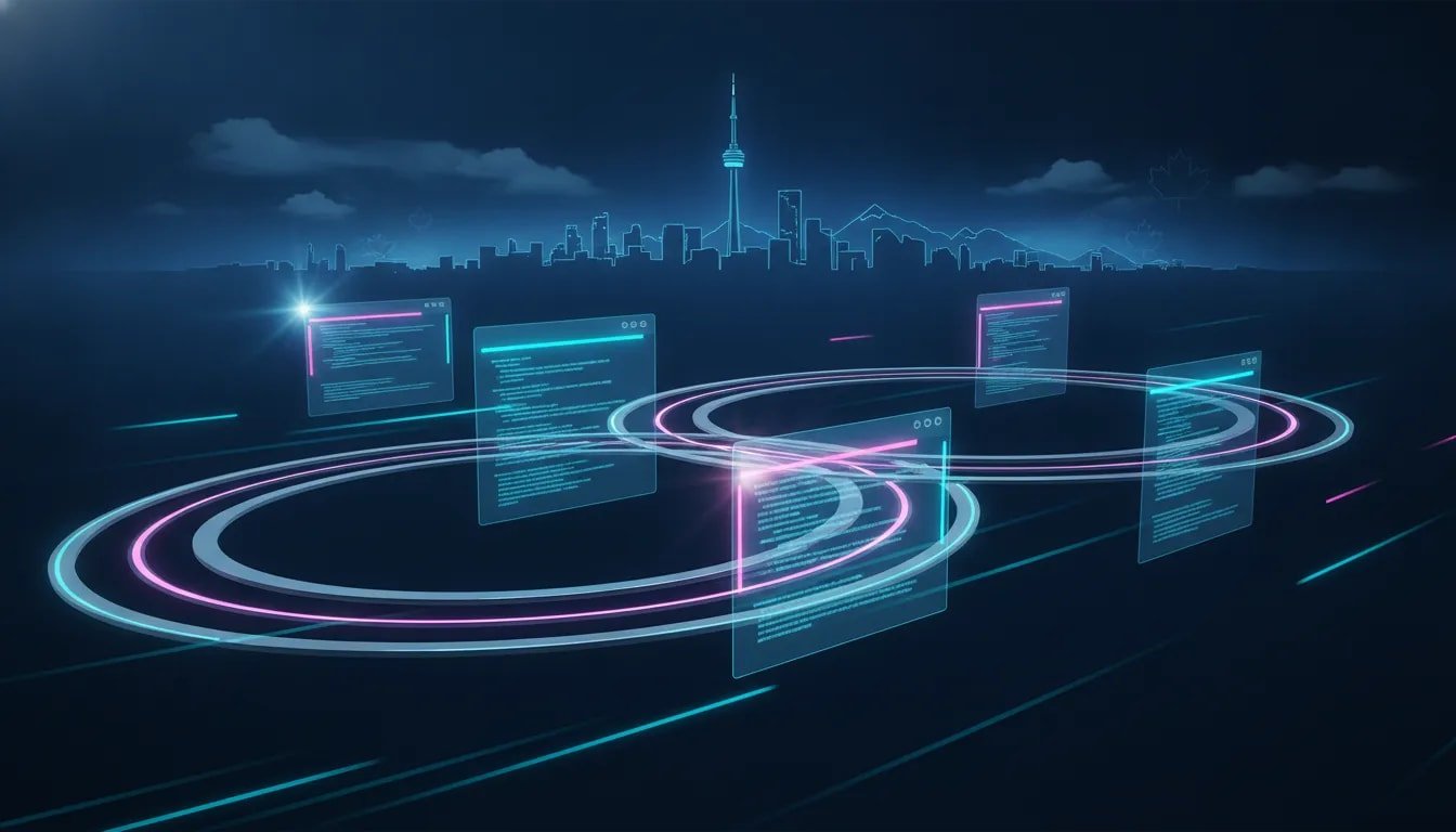 Futuristic illustration of looping software optimization around UI windows over a Canadian tech skyline, symbolizing fast, repeated performance testing without any text.