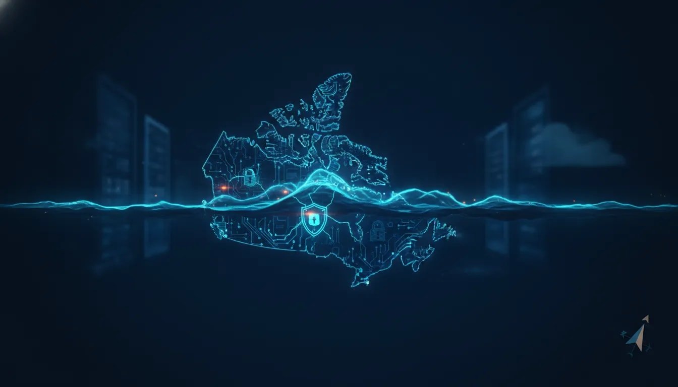 Cinematic wordless illustration showing a glowing circuitry map of Canada with a security shield and shockwave motif representing a new AI access and security era.