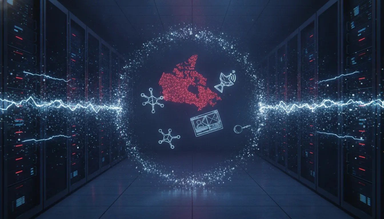 Cinematic futuristic server room where glowing AI data streams abruptly cut off, forming a shockwave and particle Canada map to symbolize sudden cross-border AI access disruption.