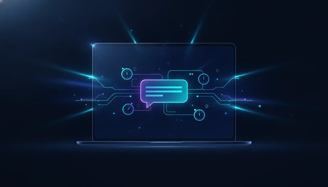 Futuristic illustration of an always-on AI assistant inside a chat interface with glowing scheduled automation timers and connecting light trails, no text.
