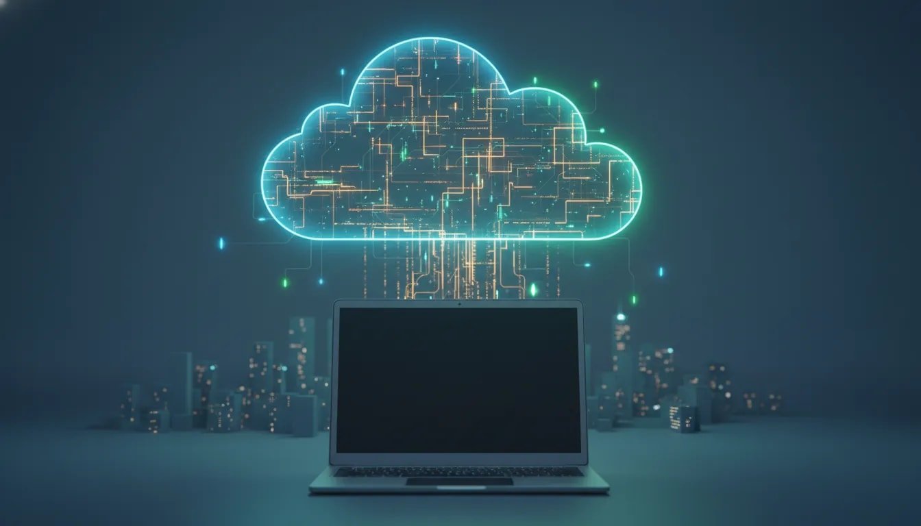 Illustration showing a closed laptop contrasted with a cloud platform running AI agents continuously with data flowing to the cloud, representing reliable cloud-based execution.