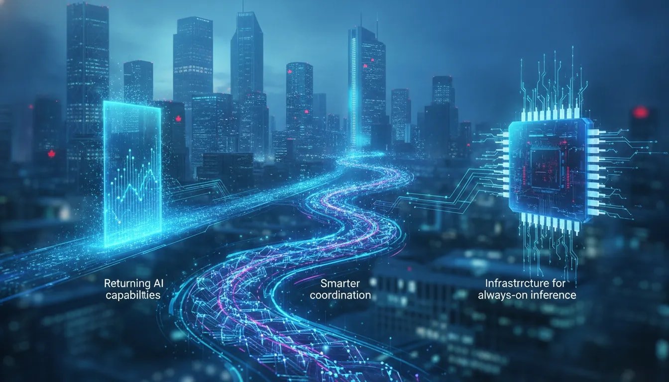 Futuristic editorial illustration showing interconnected AI access, orchestration networks, and a custom inference chip symbolizing the next wave of always-on intelligence.