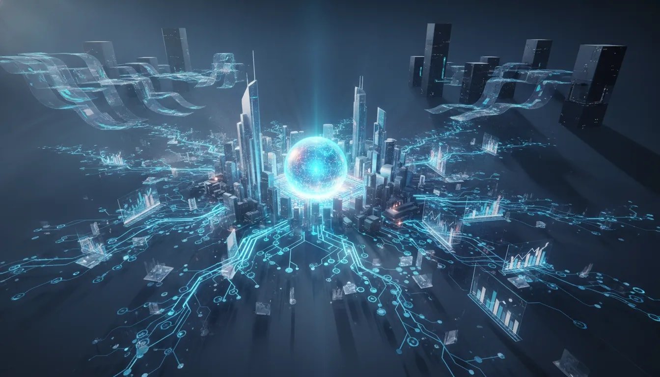 Futuristic illustration showing a glowing AI core connected to an open network, suggesting a new leading open-source model reshaping the AI market.