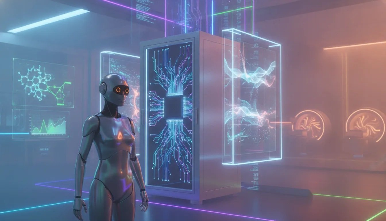 Futuristic AI-themed editorial scene combining open-source networks, controllable video holograms, scientific breakthroughs, a robot companion, and an abstract spa-like medical scanning concept.