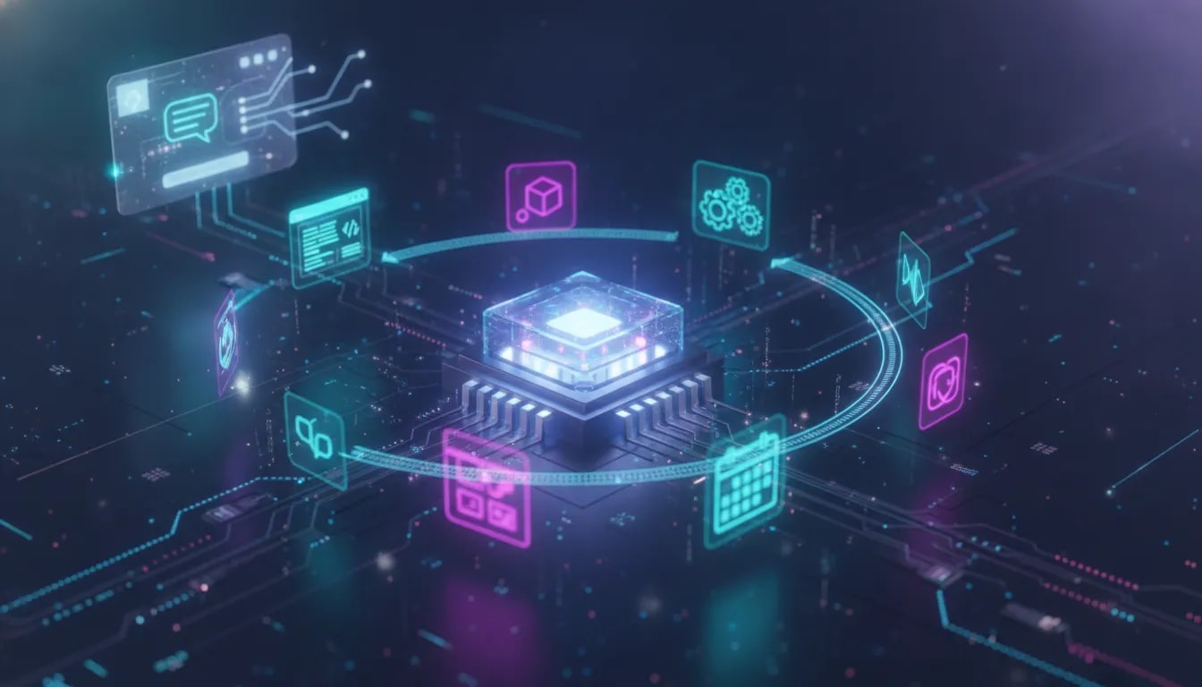 Futuristic holographic AI workspace scene showing interconnected coding, automation workflow replay, interactive modules, scheduling, integrations, and enhanced voice control—no text.