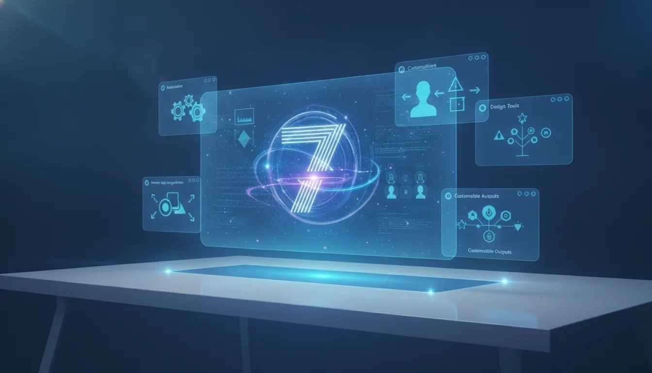 Futuristic holographic AI interface with connected data streams and seven-suggesting circuitry design, representing Google Gemini workflow hacks for 2026.