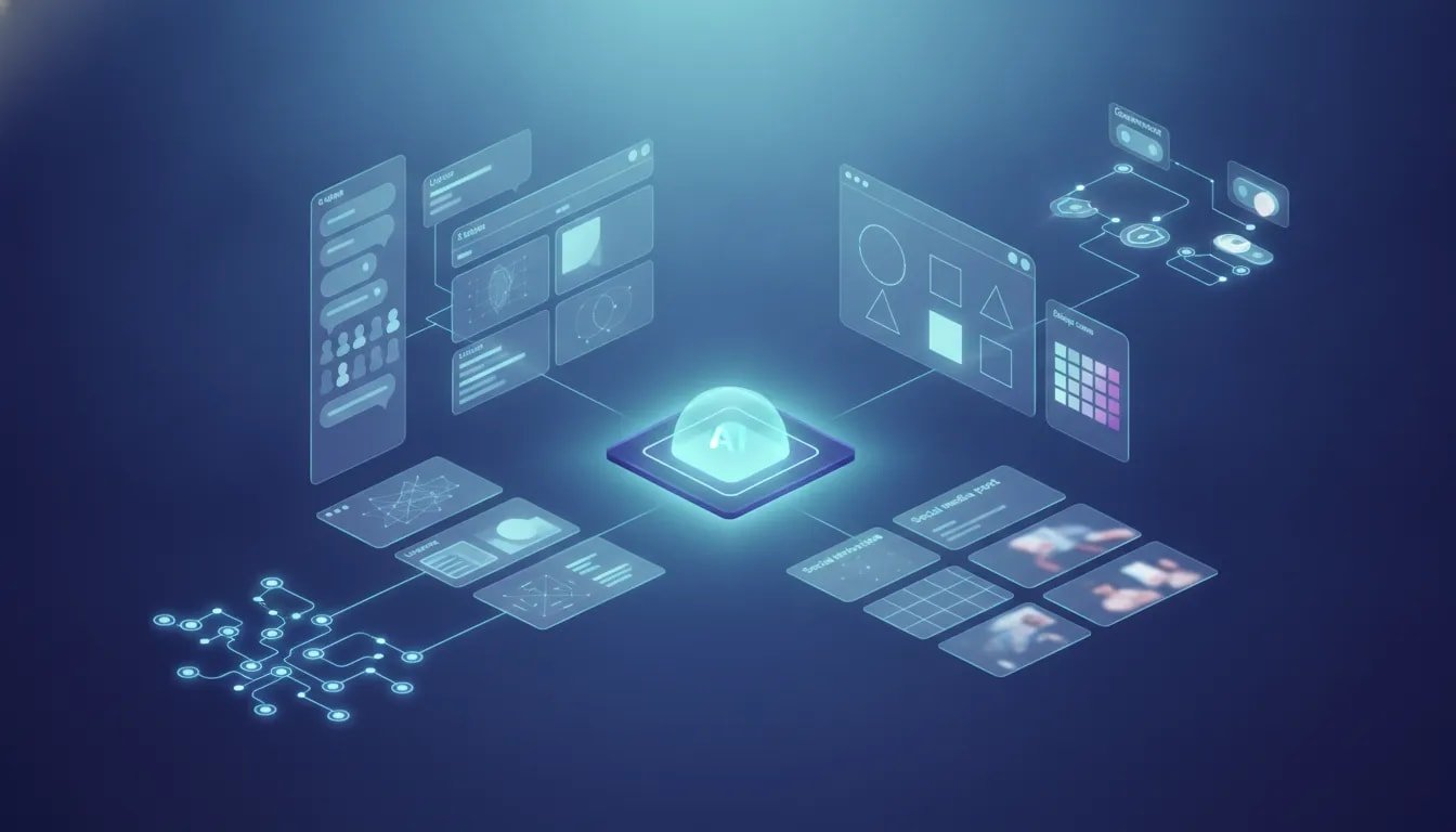 Wordless illustration showing an AI operating system concept with connected workflow tiles representing hidden Claude features like team collaboration, live artifacts, design tools, social content, usage controls, and organizational connectors.