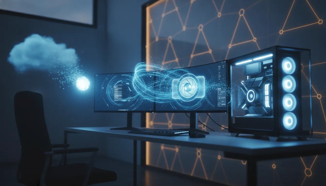 Futuristic Canadian tech workspace illustrating a powerful local AI image generator with holographic camera imagery and local computing glow, contrasted against a fading cloud network