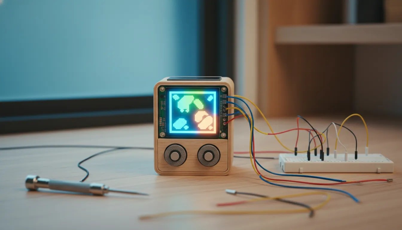 Raspberry Pi Pico DIY handheld digital pet with glowing pixel screen and physical controls on a maker desk, no text.