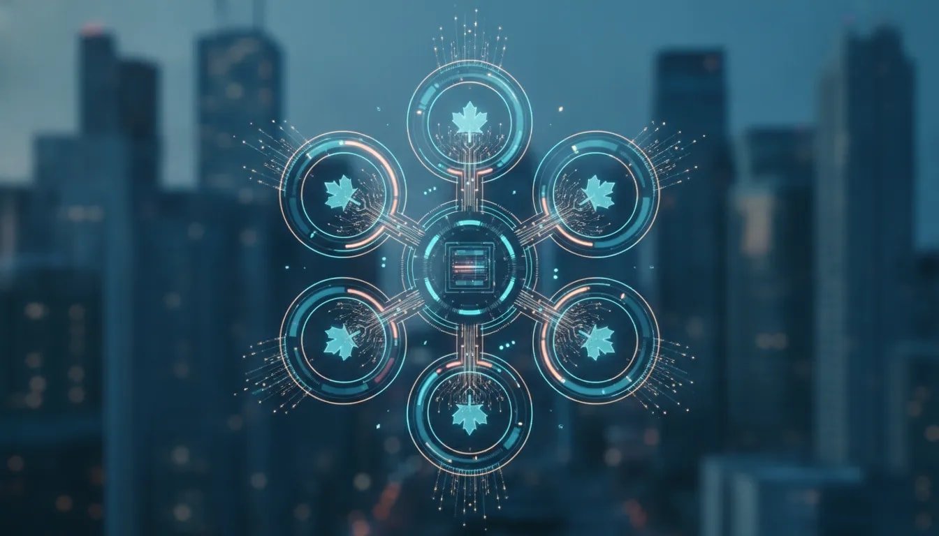 Futuristic illustration of seven glowing AI automation loops connecting a central server core with circuit paths and flowing data over a subtle Canadian city skyline at dusk.