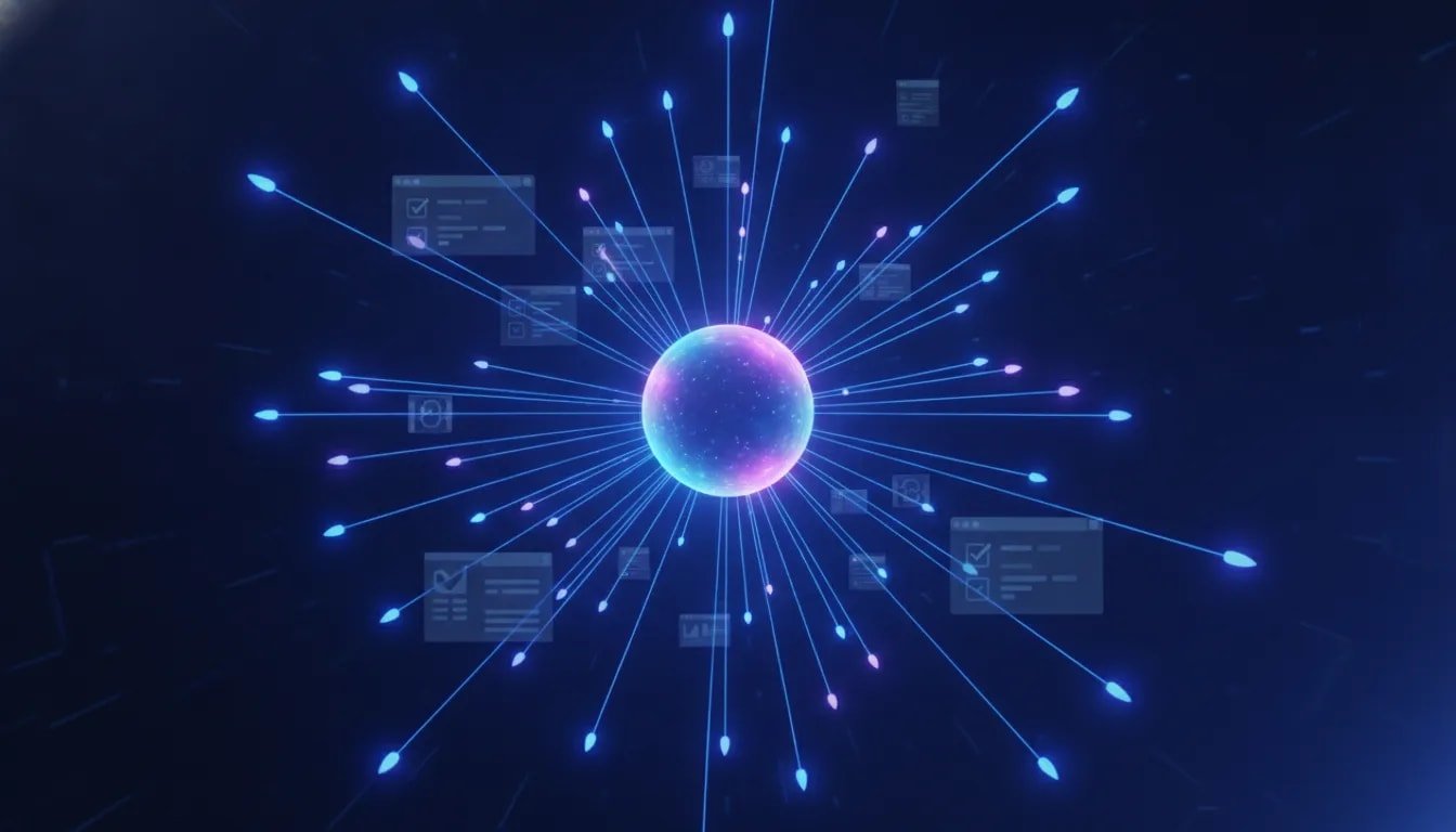 Futuristic illustration of an AI agent swarm with a central master hub coordinating many worker agents to perform parallel browser tasks, forms, and data gathering—no text.