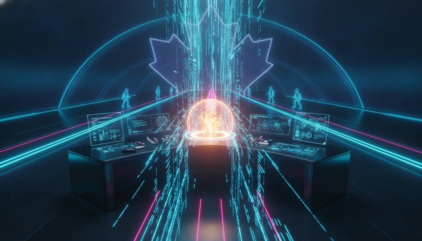 Futuristic holographic scene symbolizing a new AI coding model rapidly improving software development speed and performance, with abstract race cues and a subtle maple-leaf geometric background.