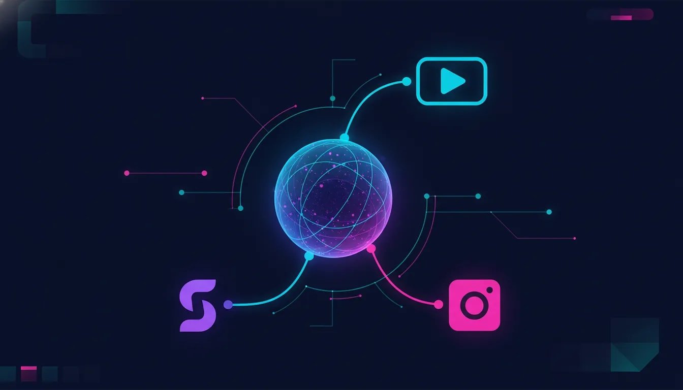 Abstract illustration of an AI hub connected to three social media platforms with glowing network lines and a futuristic analytics dashboard, no text.