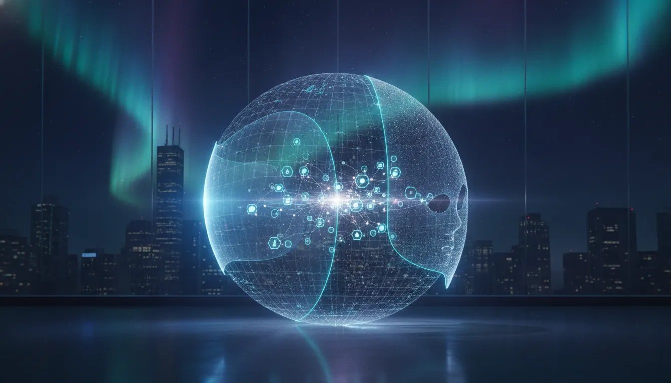 Futuristic holographic depiction of AI interpretability showing internal reasoning workspace and connected concept clusters without any text.