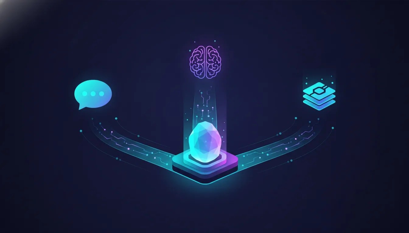 Illustration of a custom AI model router routing requests through a central hub to multiple AI model endpoints with glowing data pathways.