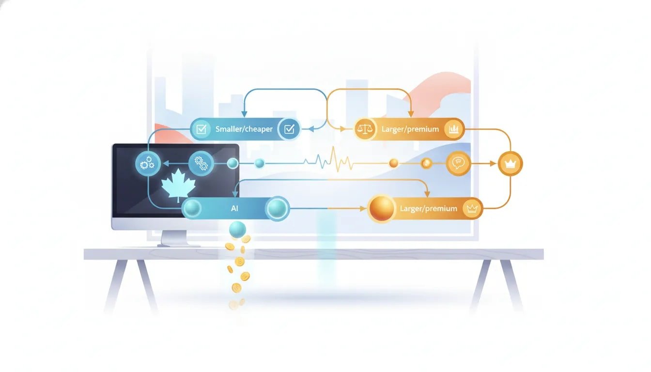 Abstract illustration of AI model routing showing cheaper models handling routine tasks and premium models handling high-judgment work with a cost-saving visual effect