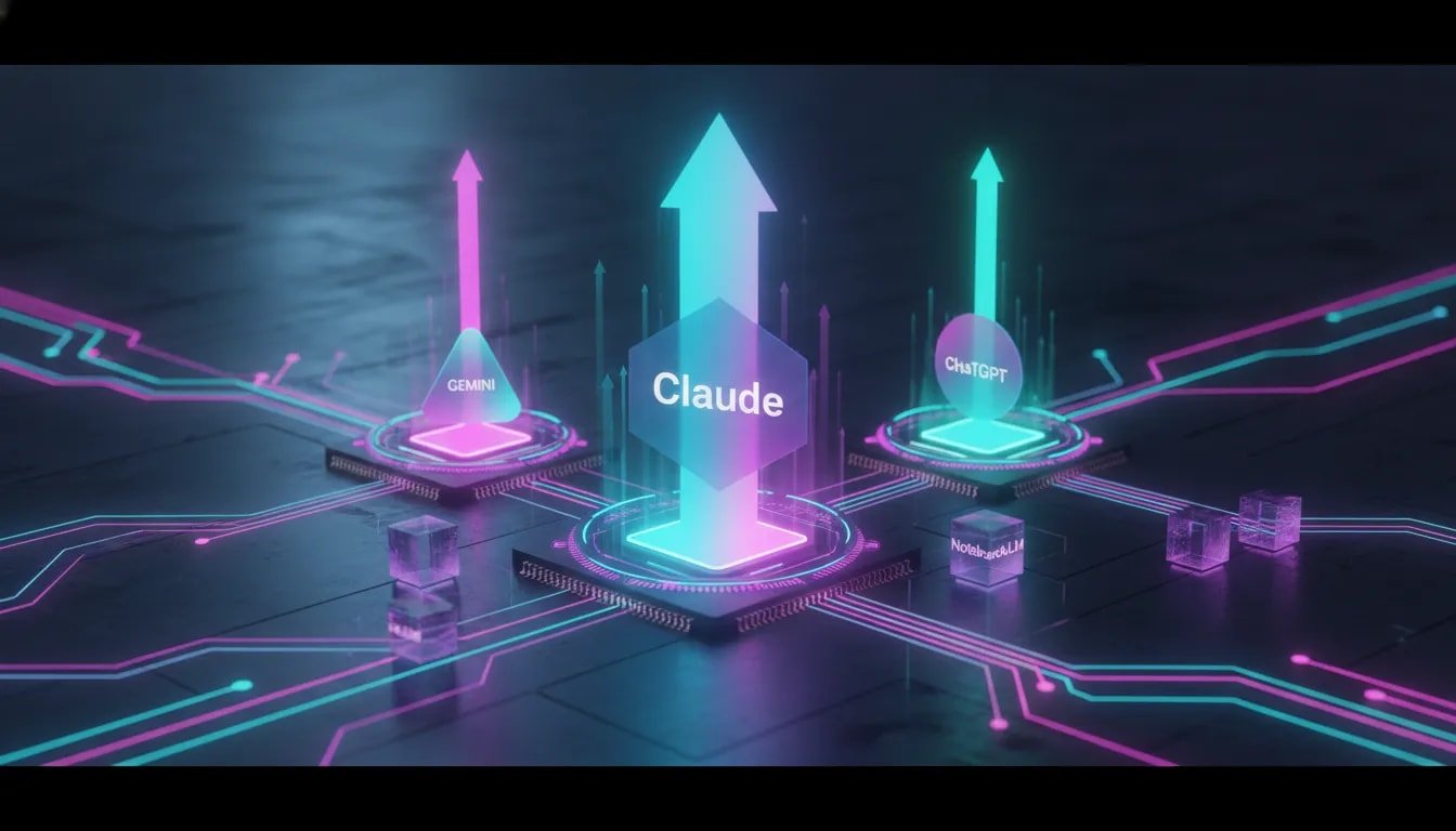 Futuristic holographic illustration showing interconnected AI systems and upgrade energy flowing across a glowing circuit network.