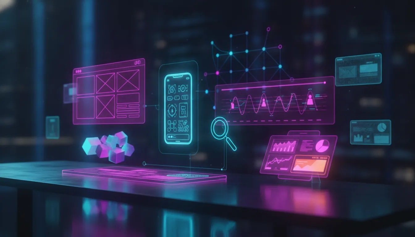 Neon futuristic illustration of an AI-powered design workflow transforming modular holographic elements into website, mobile app, diagrams, and pitch deck styles with no text.