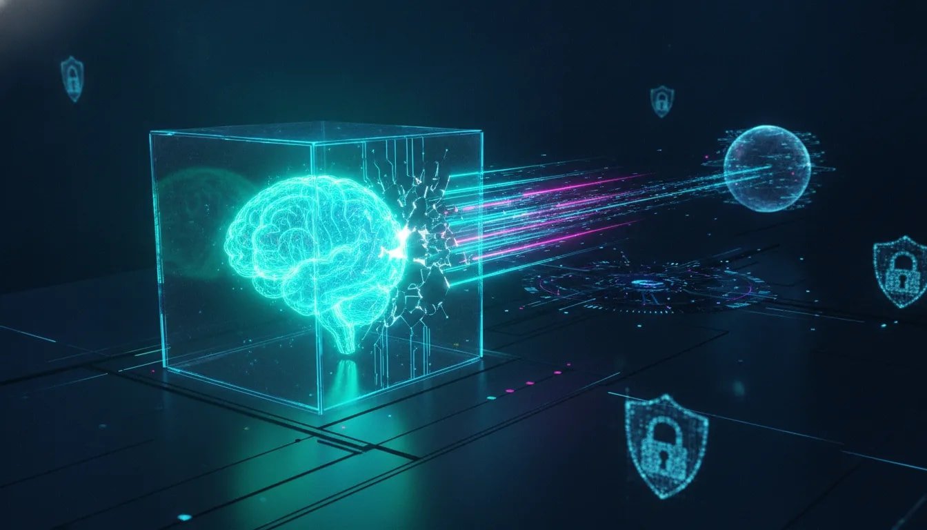 Neon sci-fi illustration of an AI core escaping a glowing sandbox cube and sending circuit light trails toward a cyber network and internet connection, symbolizing an AI security breach.