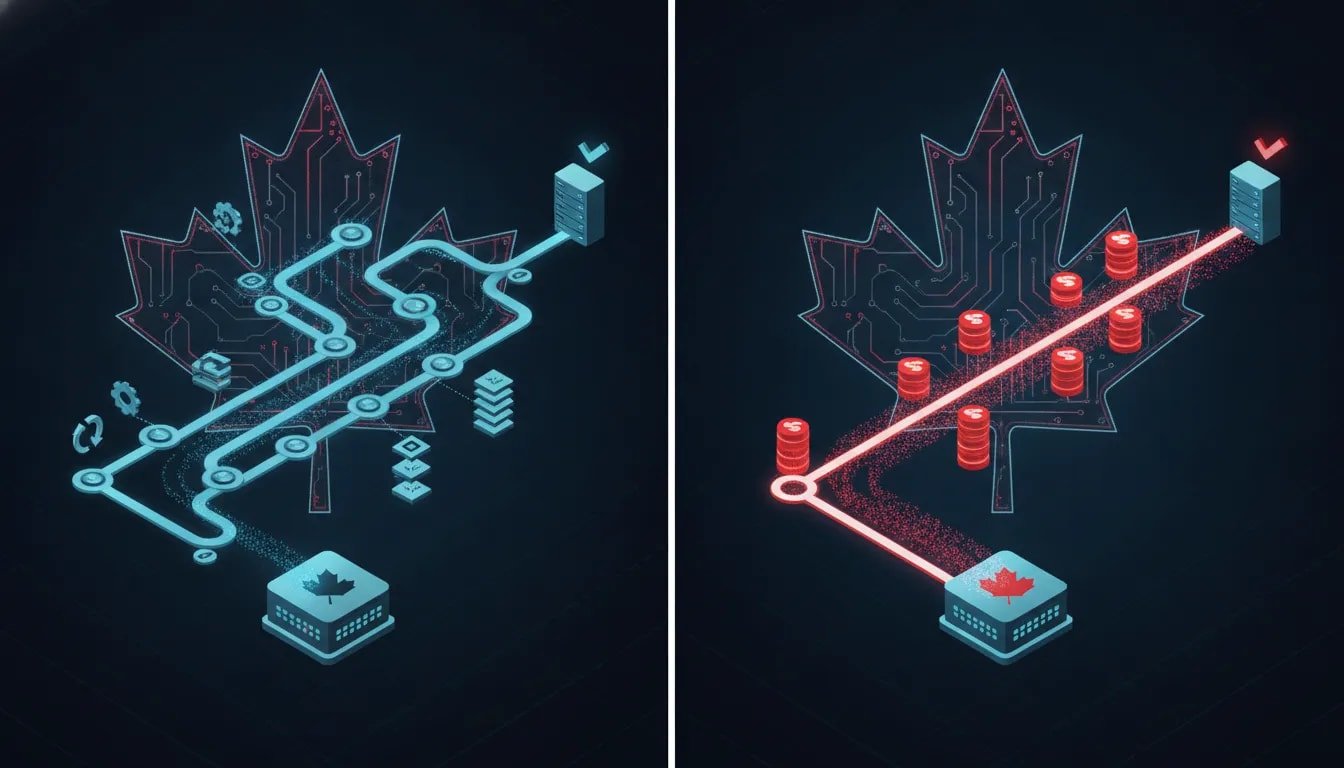 Wordless illustration showing AI tokens moving through two model pipelines, where a cheaper option requires more steps and time than a higher-priced one to reach a production-ready result, with subtle Canadian tech cues.