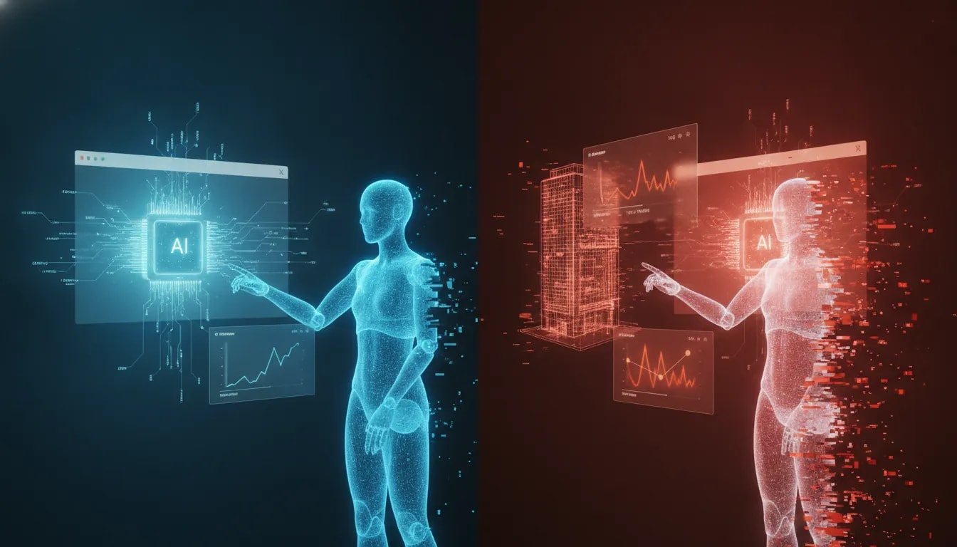 Futuristic illustration of an AI core building a browser-style operating system workflow with split visuals showing smooth capability on one side and slow, glitchy performance on the other, including subtle 3D modeling elements.