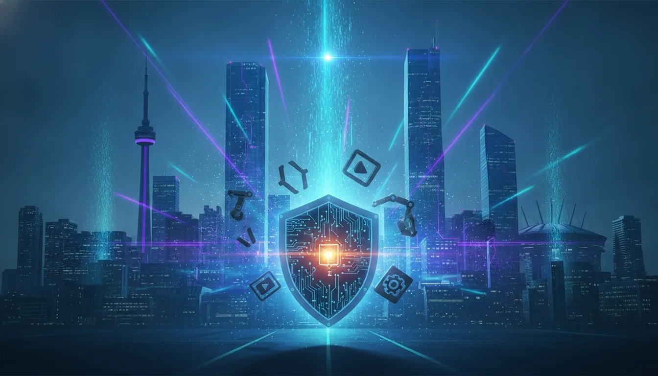 Futuristic Canadian city with glowing neural network connections and a circuit-pattern shield symbolizing an AI security shock and rapid AI innovation