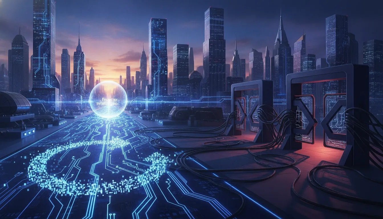 Cinematic illustration of AI access inequality in Canada, with glowing open network pathways contrasted against restricted, locked nodes and a returning pixelated circuit loop.