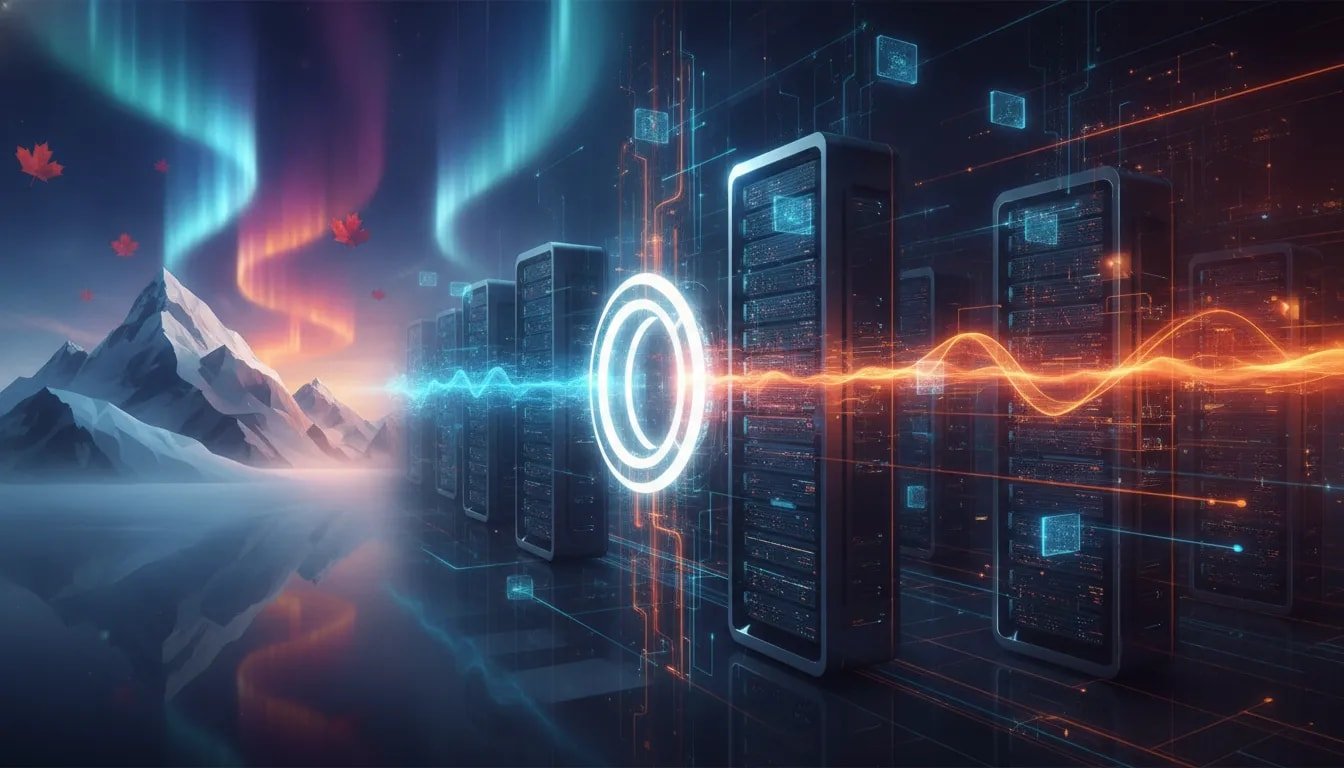 Futuristic Canadian tech scene showing AI compute networks and server capacity converging at a crossroads, with dynamic data flow and balanced rival streams.