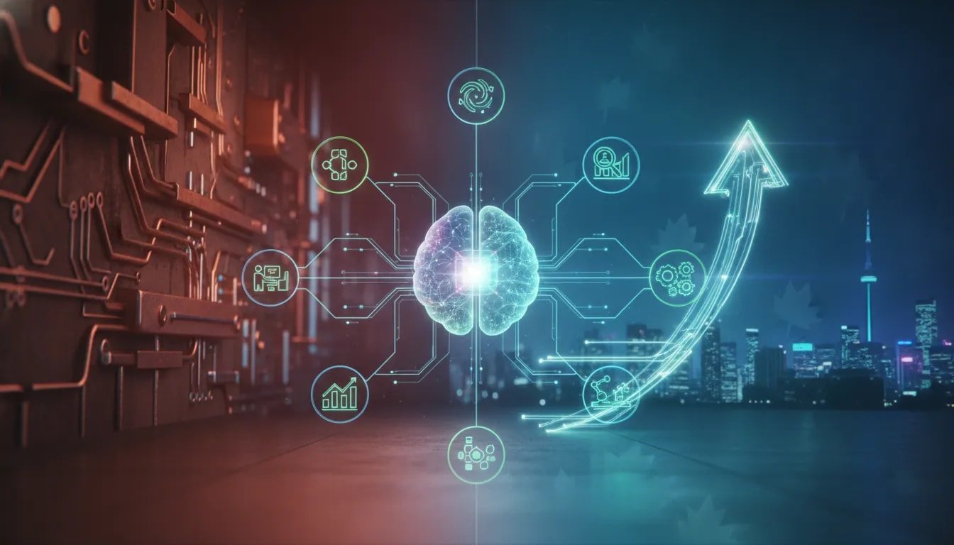 Futuristic Canadian AI concept image showing improved performance and efficiency with abstract holographic model core, data streams, and a streamlined cost-versus-performance visual.