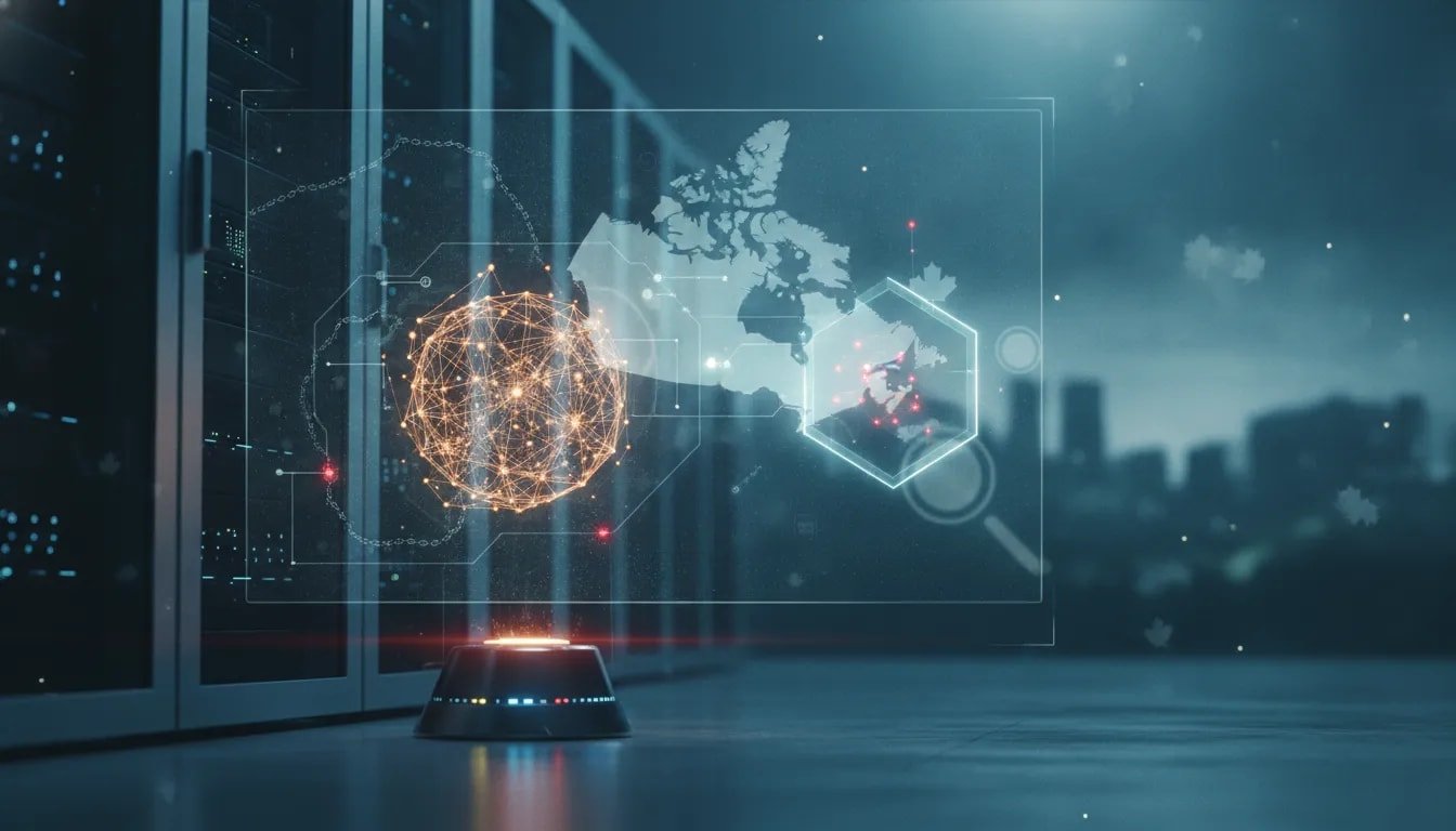 Cinematic Canadian-themed cybersecurity scene showing an AI core and connected network paths inside a protective shield, symbolizing an AI security incident and vulnerability chain detection.
