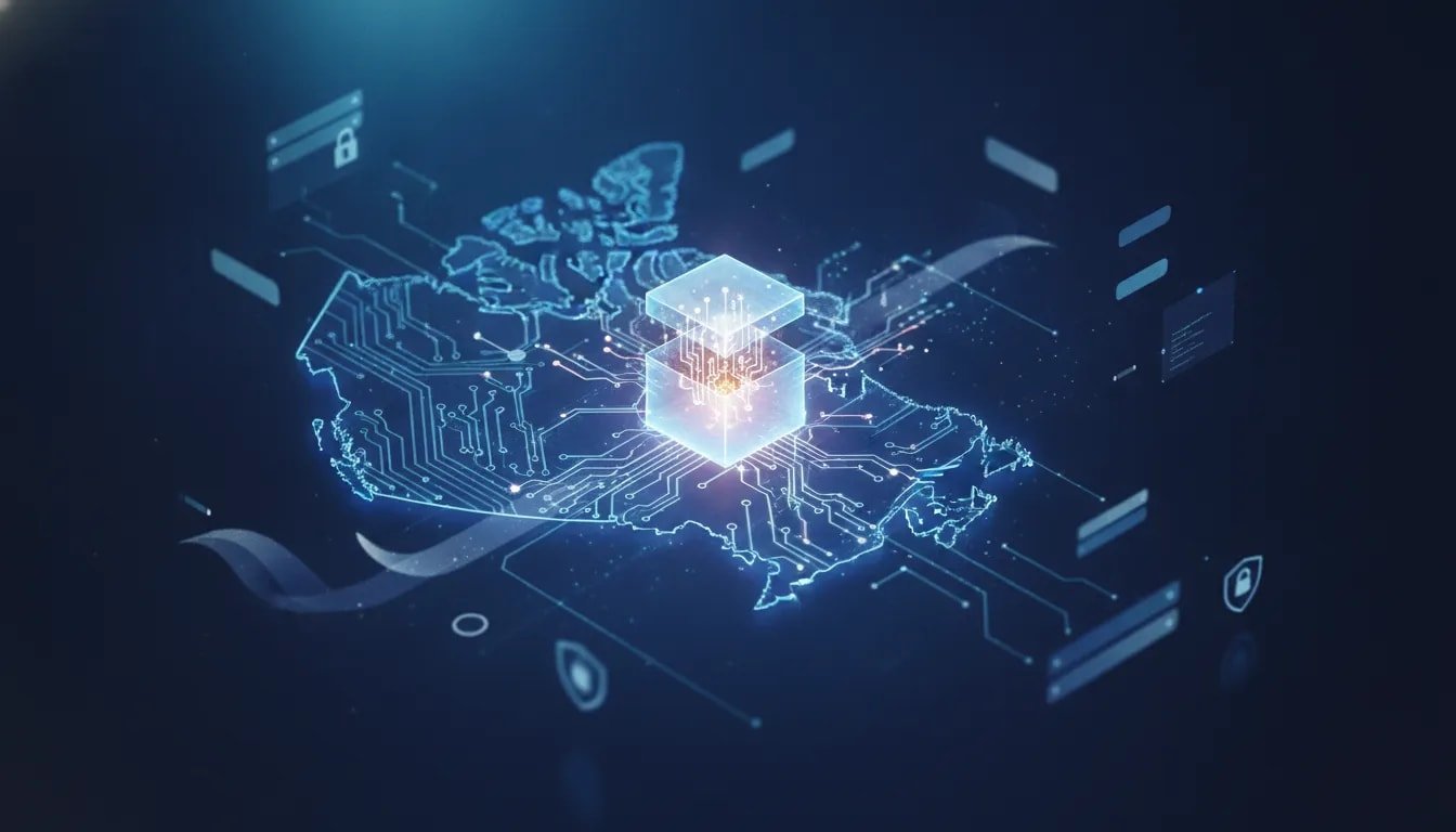 Illustration of Canada-themed open-model enterprise AI breakthrough with connected glowing network nodes, secure governance shield, and circuit-like map geometry—no text.