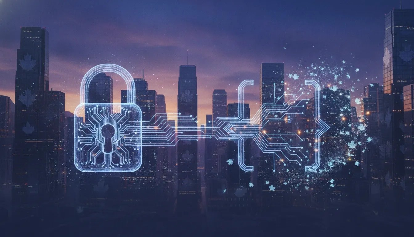 Futuristic Canadian skyline with a holographic open vs closed AI network symbolizing the open-source AI revolution.
