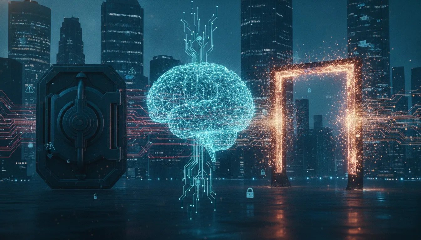 Cinematic illustration of Canada’s tech landscape facing an open-source AI shift, showing distributed neural networks and a contrast between sealed proprietary control and open access—no text.