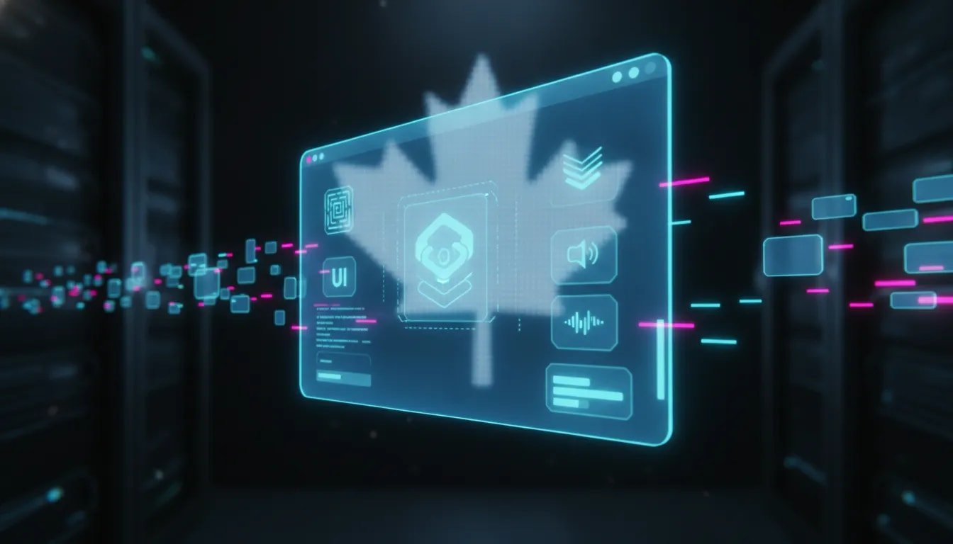 Glowing holographic AI interface rapidly assembling modular software components, representing fast browser prototyping with game logic, UI, sound, and progression systems.