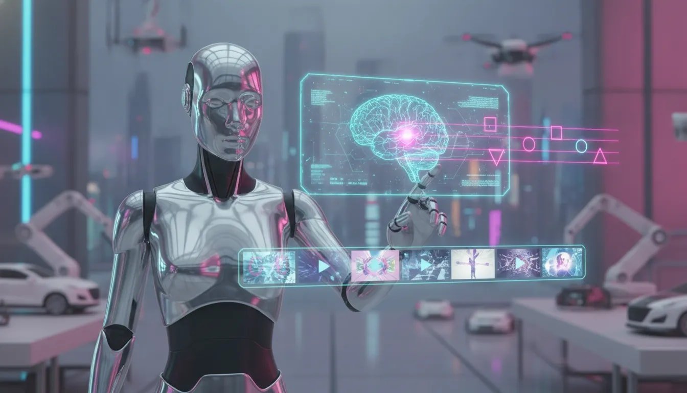 Cinematic futuristic scene featuring a humanoid companion robot and glowing holographic AI elements representing mind reading, video editing, and robotics, with no text.