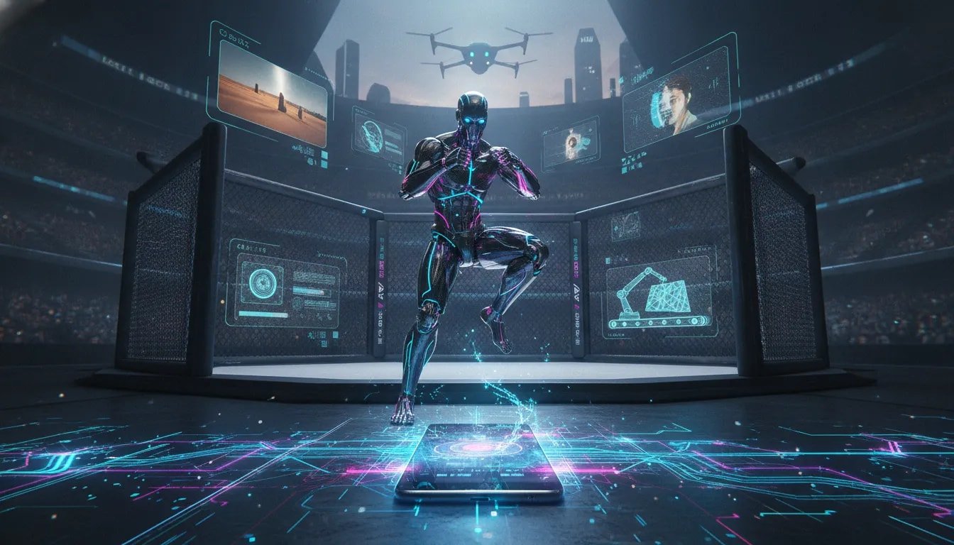Futuristic illustration of a robot MMA fighter with smartphone AI video holograms and aerial and industrial robotics elements in a neon-lit sci-fi arena
