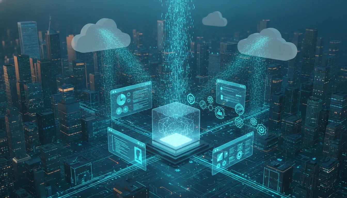 Futuristic Canadian tech illustration showing an AI core powering abstract coding and enterprise automation with connected cloud, browser, and workflow elements in glowing blue and teal tones.