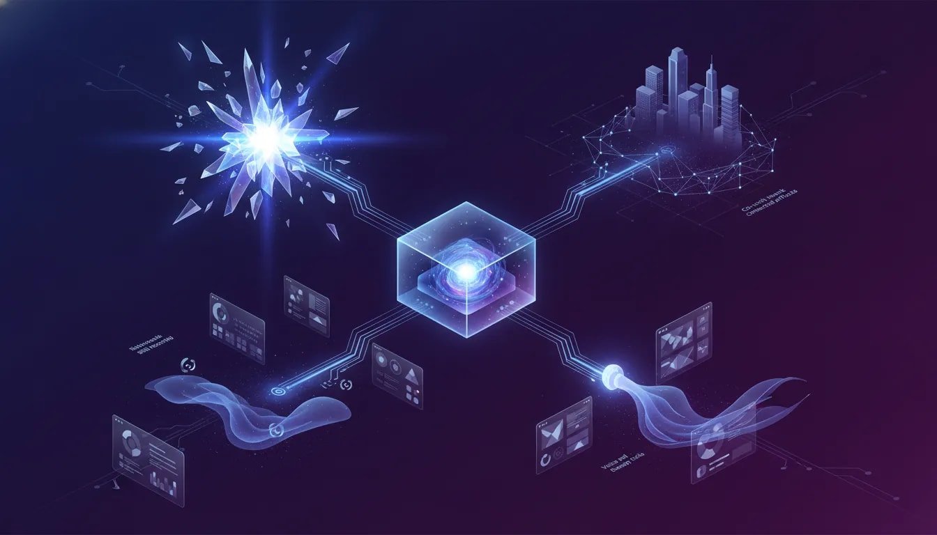 Futuristic holographic AI core with symbolic streams representing advanced model power, skill recording loops, connected co-work artifacts, and voice-to-design interfaces—no text.