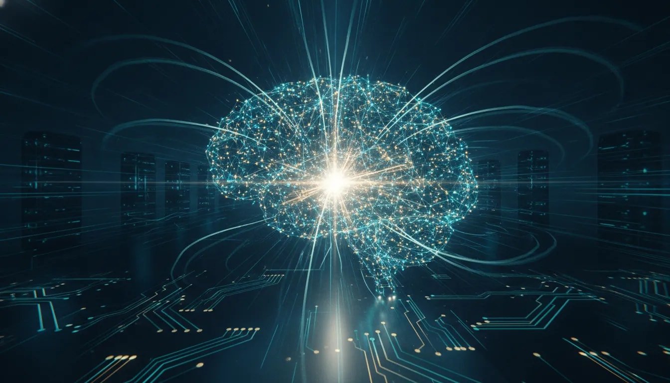 Futuristic illustration of a glowing neural network core emitting speed streaks and light beams, representing a breakthrough that dramatically accelerates AI inference.