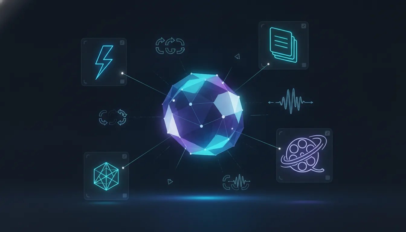Futuristic sci-fi illustration showing connected holographic panels symbolizing fast AI, a lightweight model, video generation/editing, and notebook-style upgrades from Google Gemini—no text.