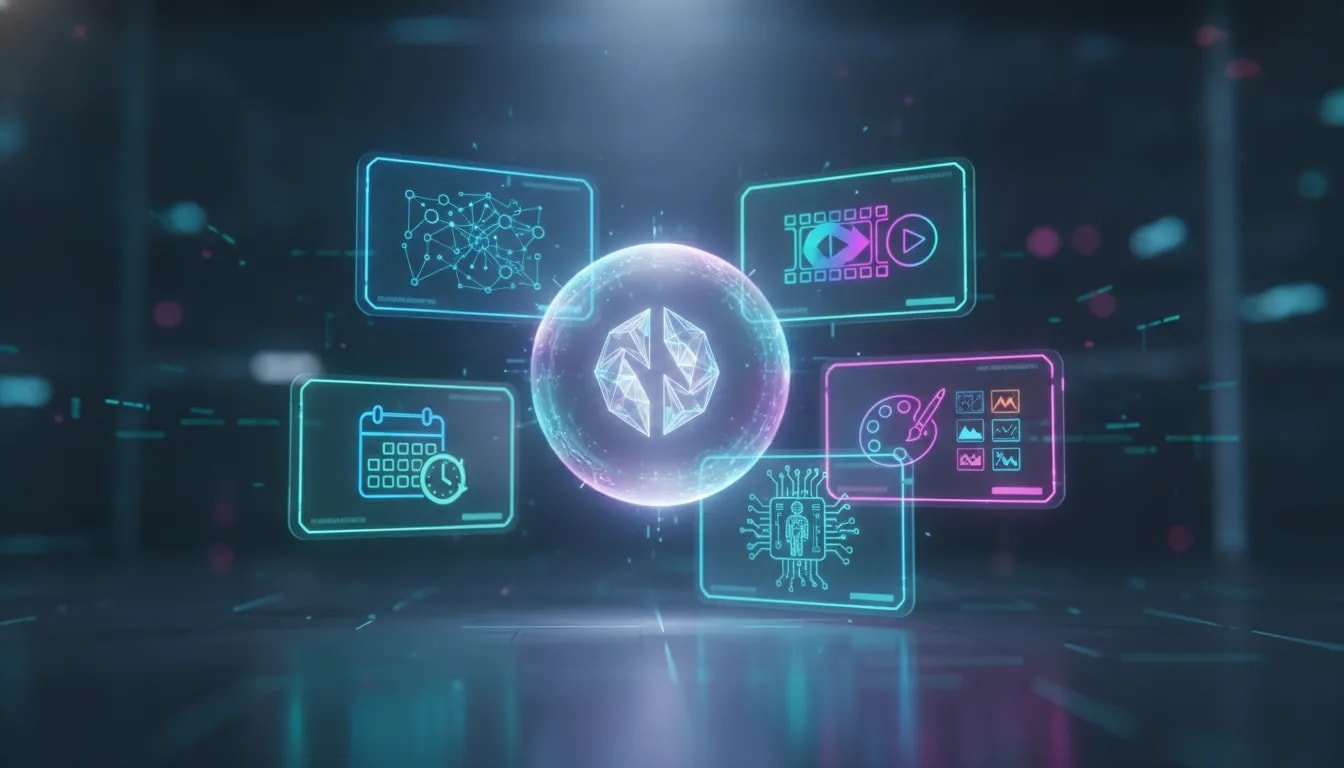 Futuristic interface illustration symbolizing Google Gemini updates including custom MCP connections, advanced scheduling, short-form video generation, and AI Studio enhancements