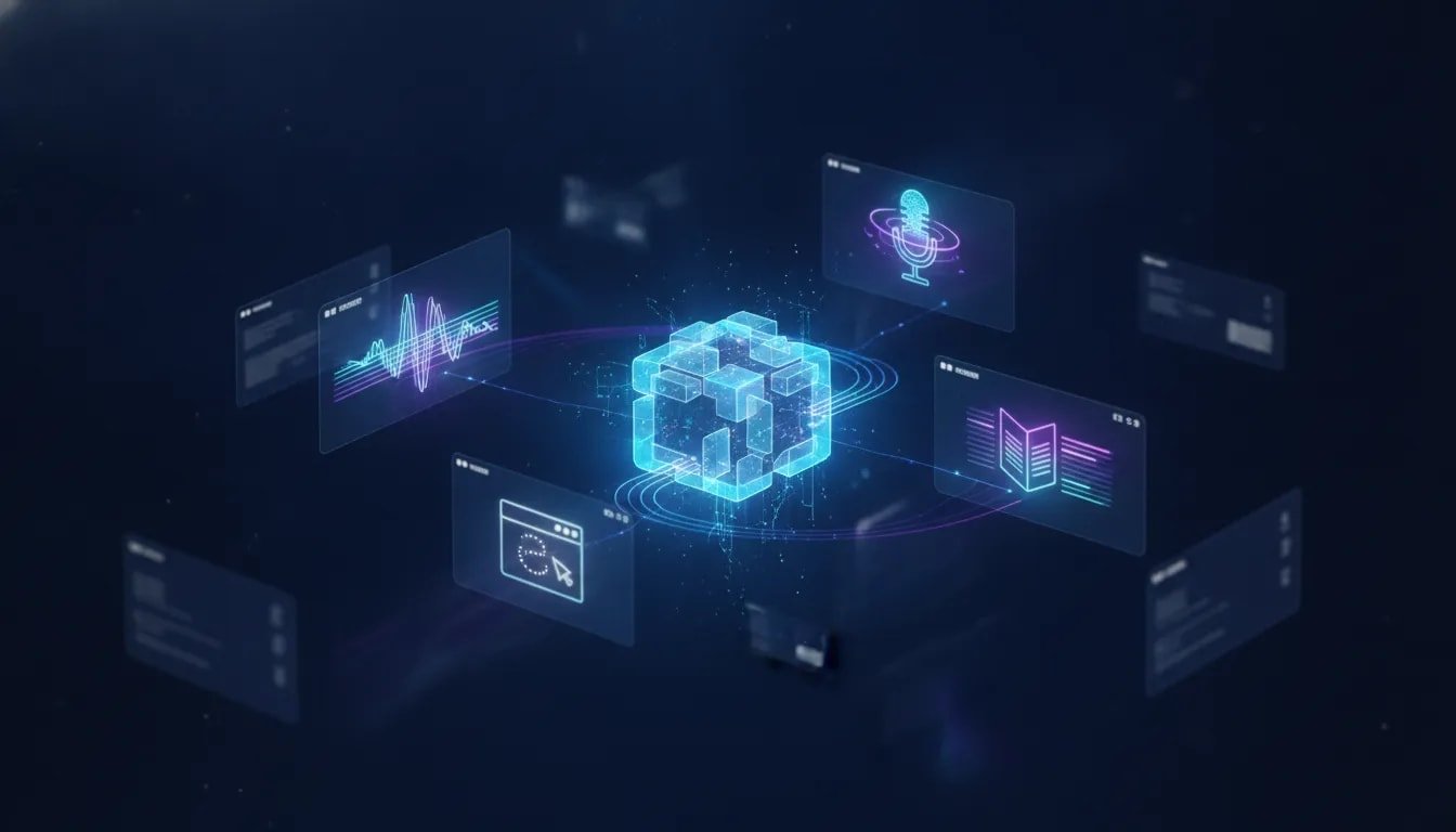 Futuristic illustration of a central glowing AI core connected to floating panels symbolizing music creation, browser automation, writing and research, and voice assistance, with a modern tech aesthetic.